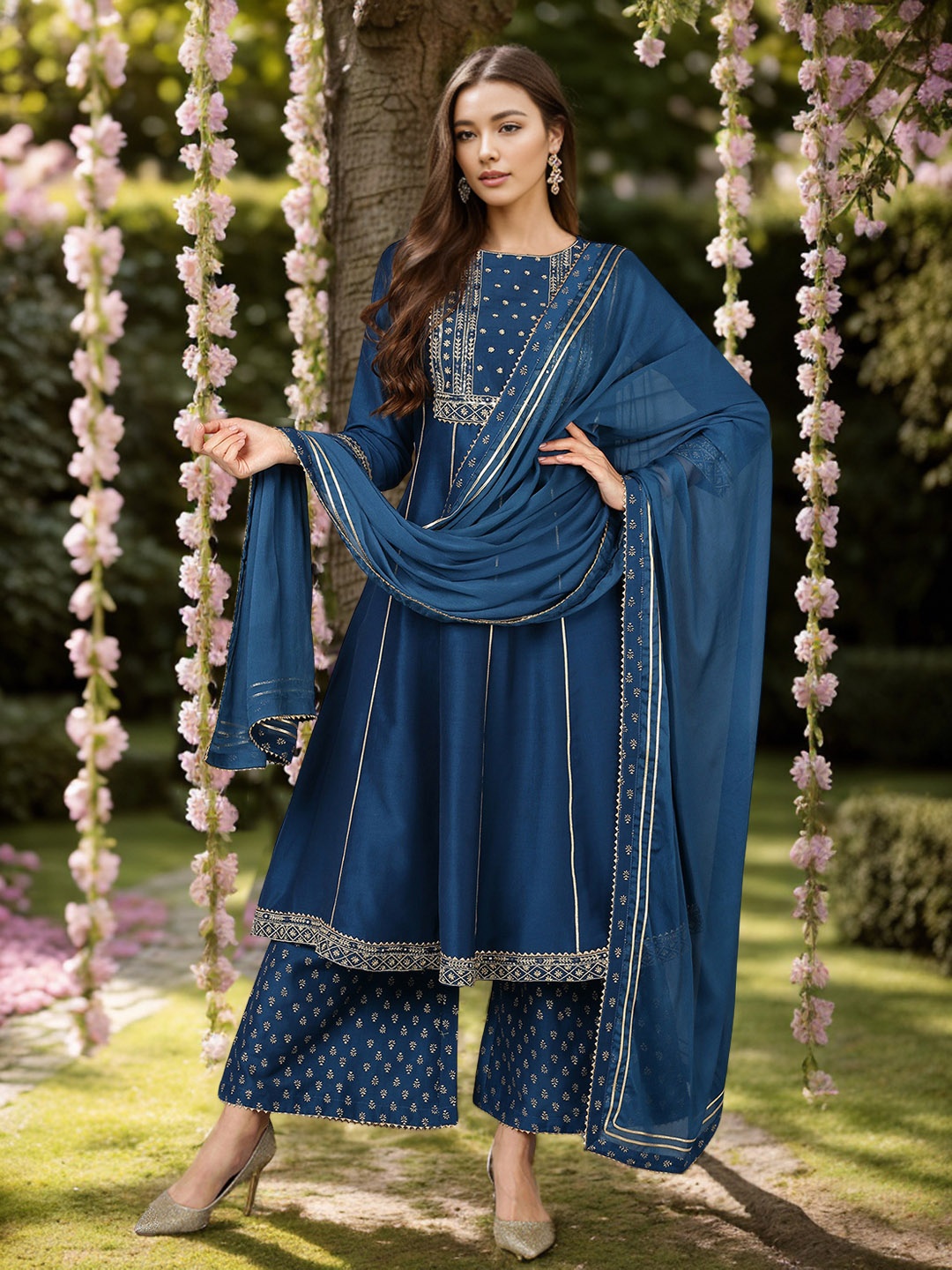 

AHIKA Teal Ethnic Motifs Embroidered Gotta Patti Kurta With Palazzos & Dupatta