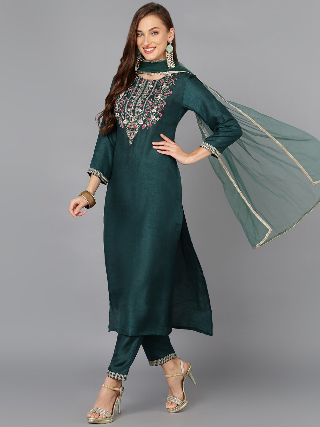 

AHIKA Green & Pink Floral Embroidered Thread Work Kurta With Trousers & Dupatta