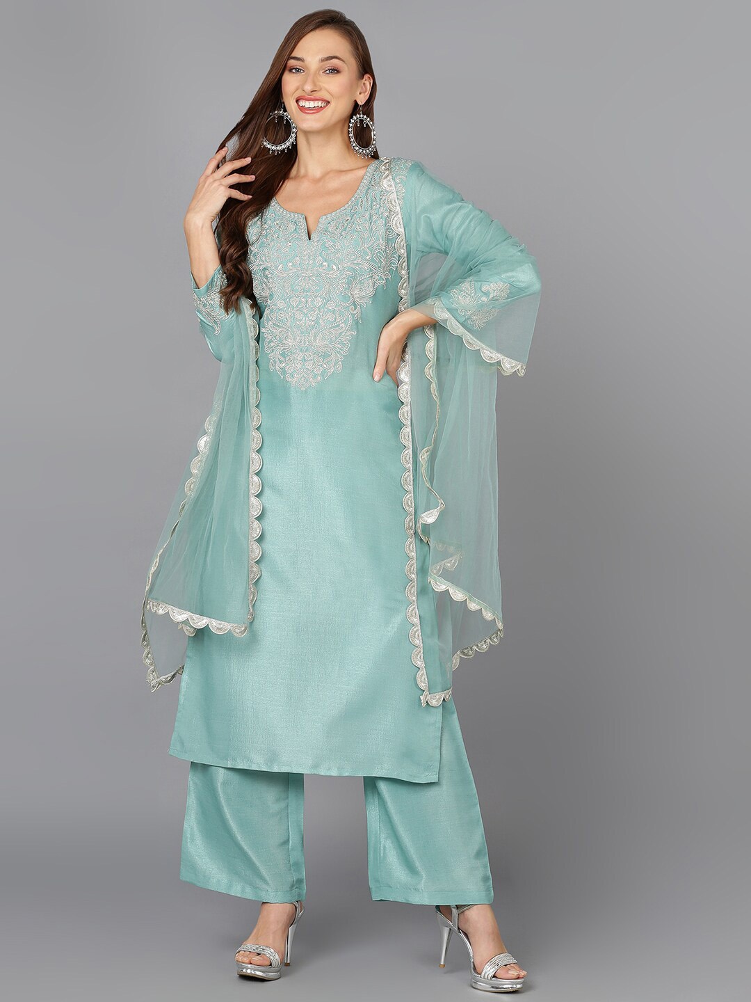 

AHIKA Sea Green Embroidered Kurta With Pyjamas & Dupatta