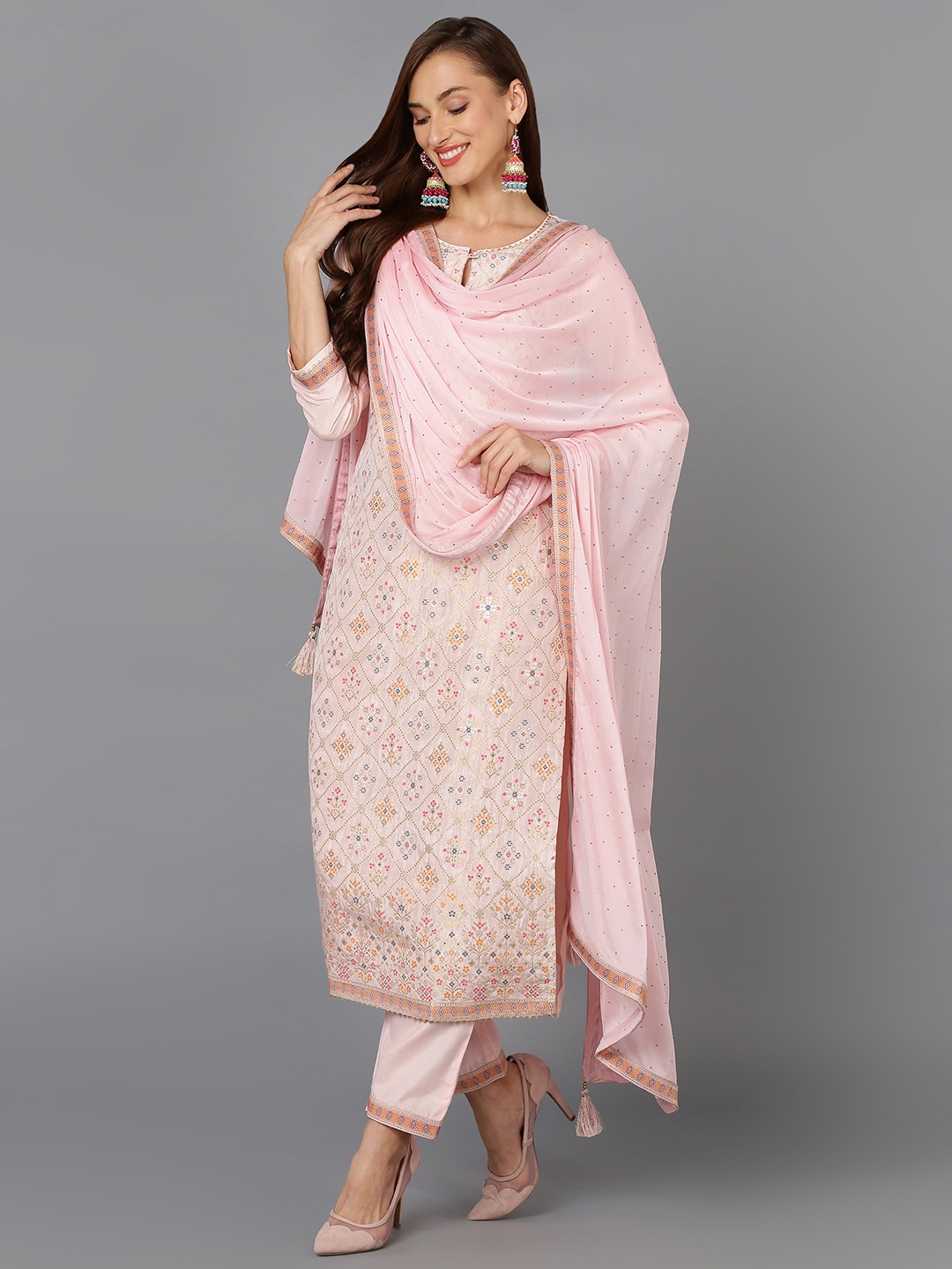 

AHIKA Pink & Coral Ethnic Motifs Printed Gotta Patti Kurta With Trousers & Dupatta