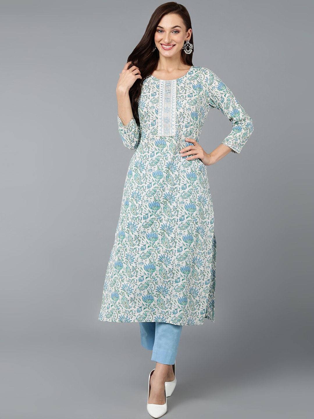 

AHIKA Floral Printed Thread Work Cotton Kurta, Off white