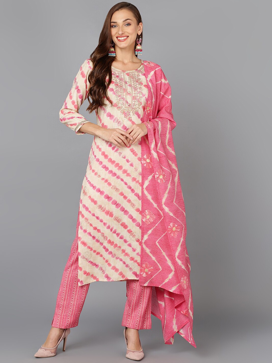 

AHIKA Cream-Coloured Ethnic Motifs Embroidered Kurta With Trousers & Dupatta