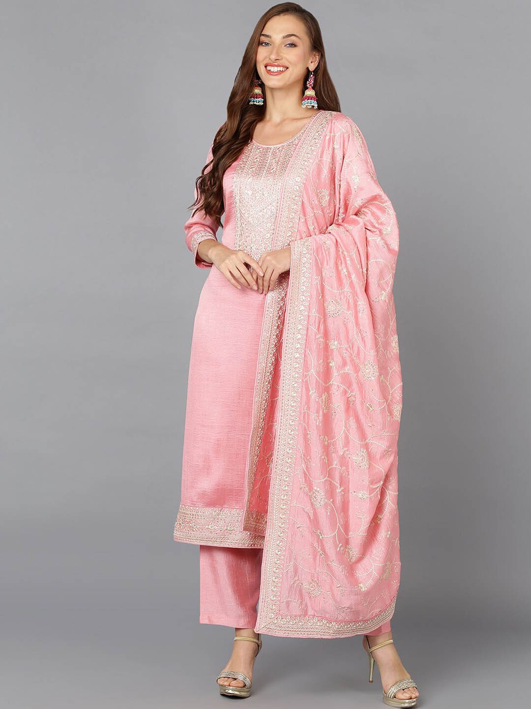 

AHIKA Pink & Gold Ethnic Motifs Embroidered Sequinned Kurta With Trousers & Dupatta