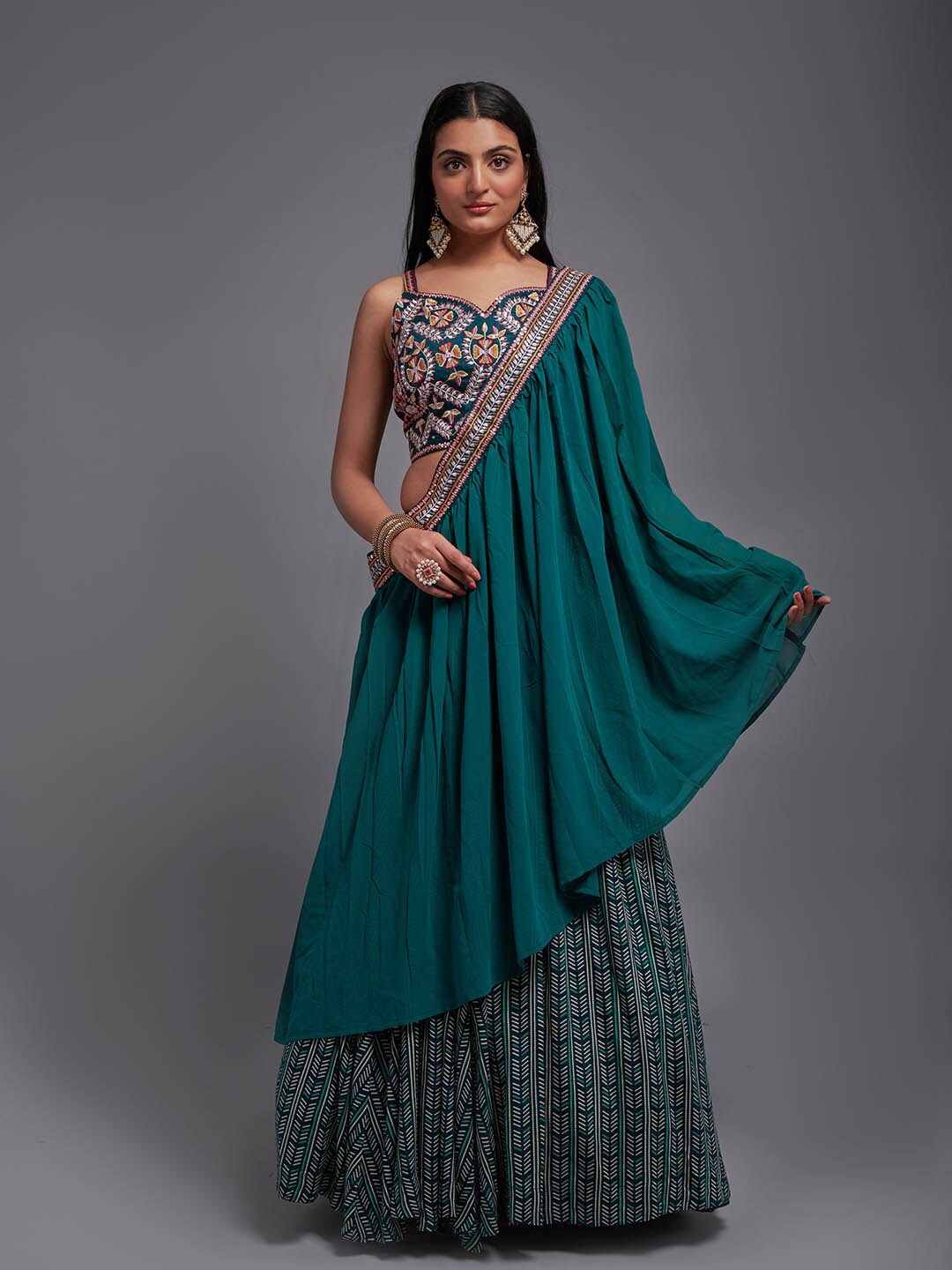 

Mitera Green & Silver-Toned Embroidered Ready to Wear Lehenga & Blouse With Dupatta