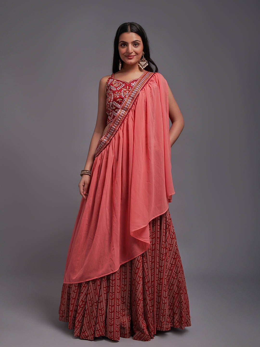 

Mitera Maroon & Pink Embroidered Ready to Wear Lehenga & Blouse With Dupatta