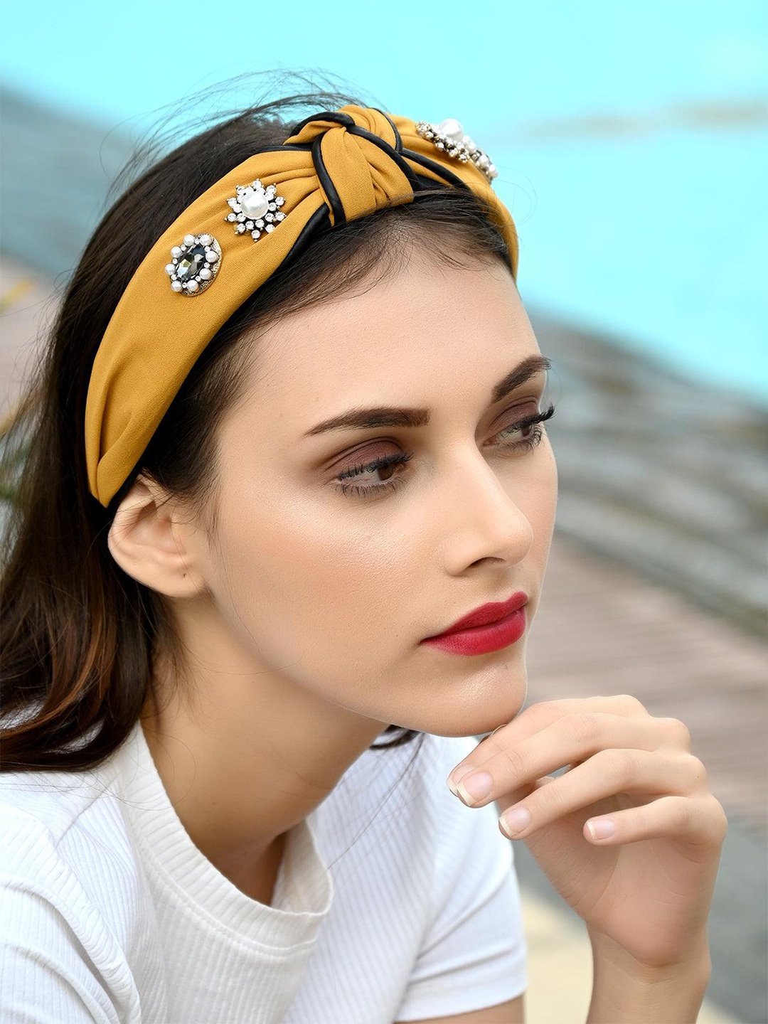 

ODETTE Embellished Fabric Hairband, Mustard