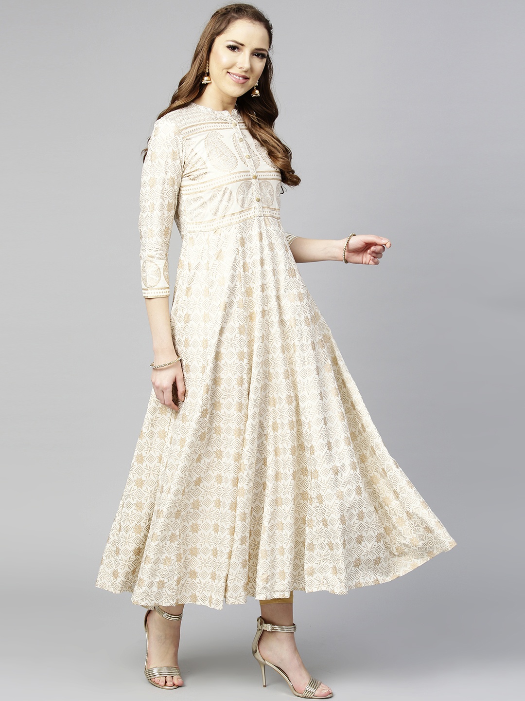 

Varanga Off-White & Golden Ethnic Foil Print Panelled Anarkali Kurta