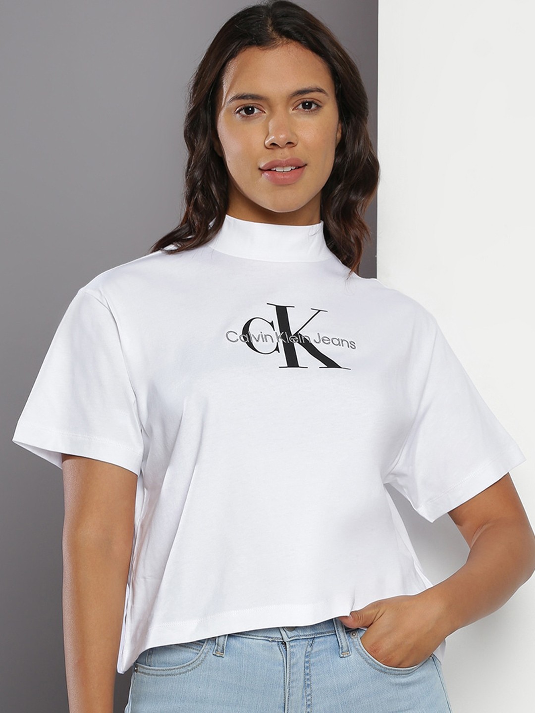 

Calvin Klein Jeans Typography Printed High Neck Pure Cotton Relaxed Fit T-shirt, White
