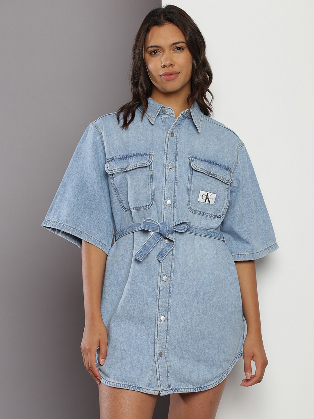 

Calvin Klein Jeans Flared Sleeve Shirt Mini Dress, Blue