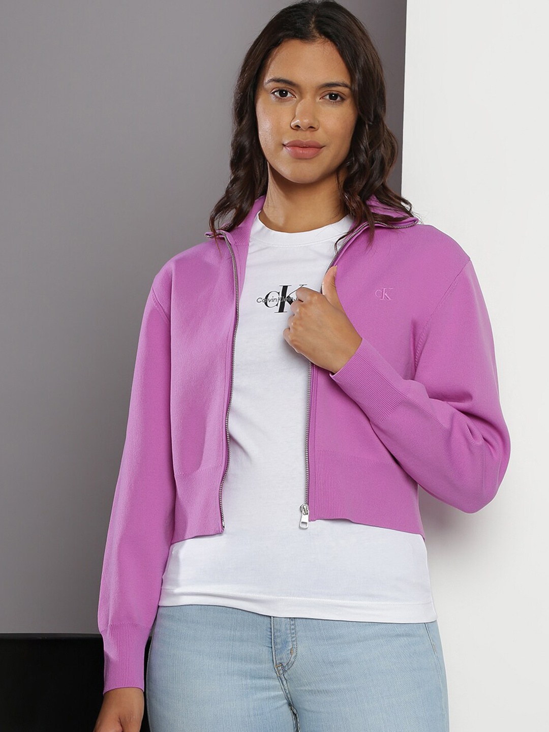 

Calvin Klein Jeans Crop Front-Open Sweaters, Purple