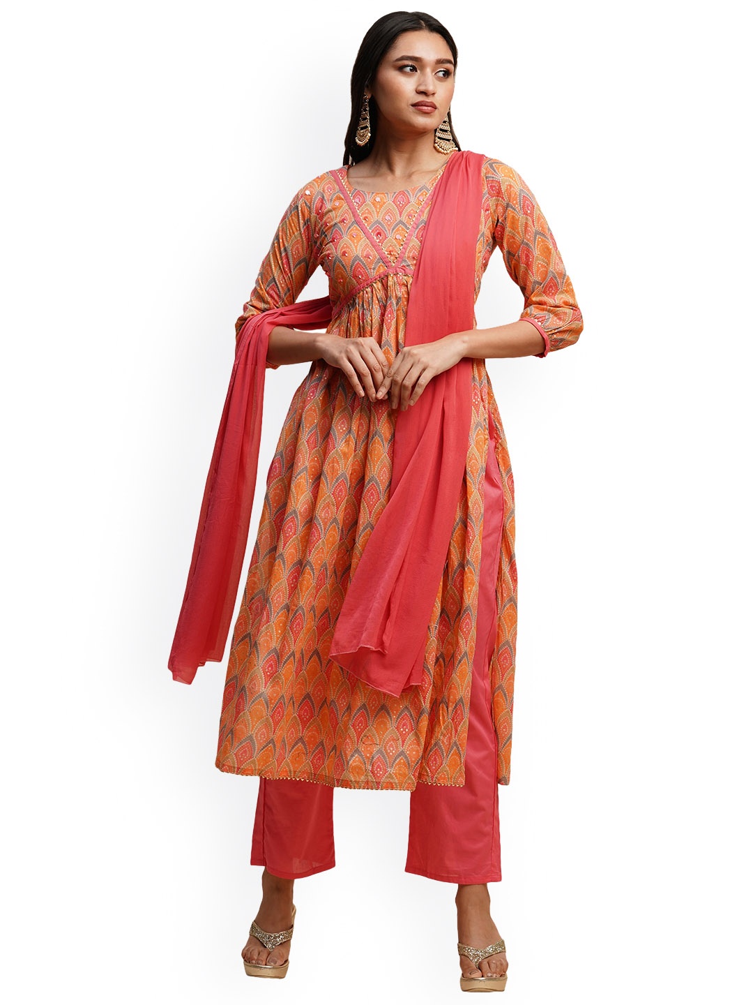 

Nimayaa Floral Printed Regular Gotta Patti Pure Cotton Kurta with Trousers & With Dupatta, Orange