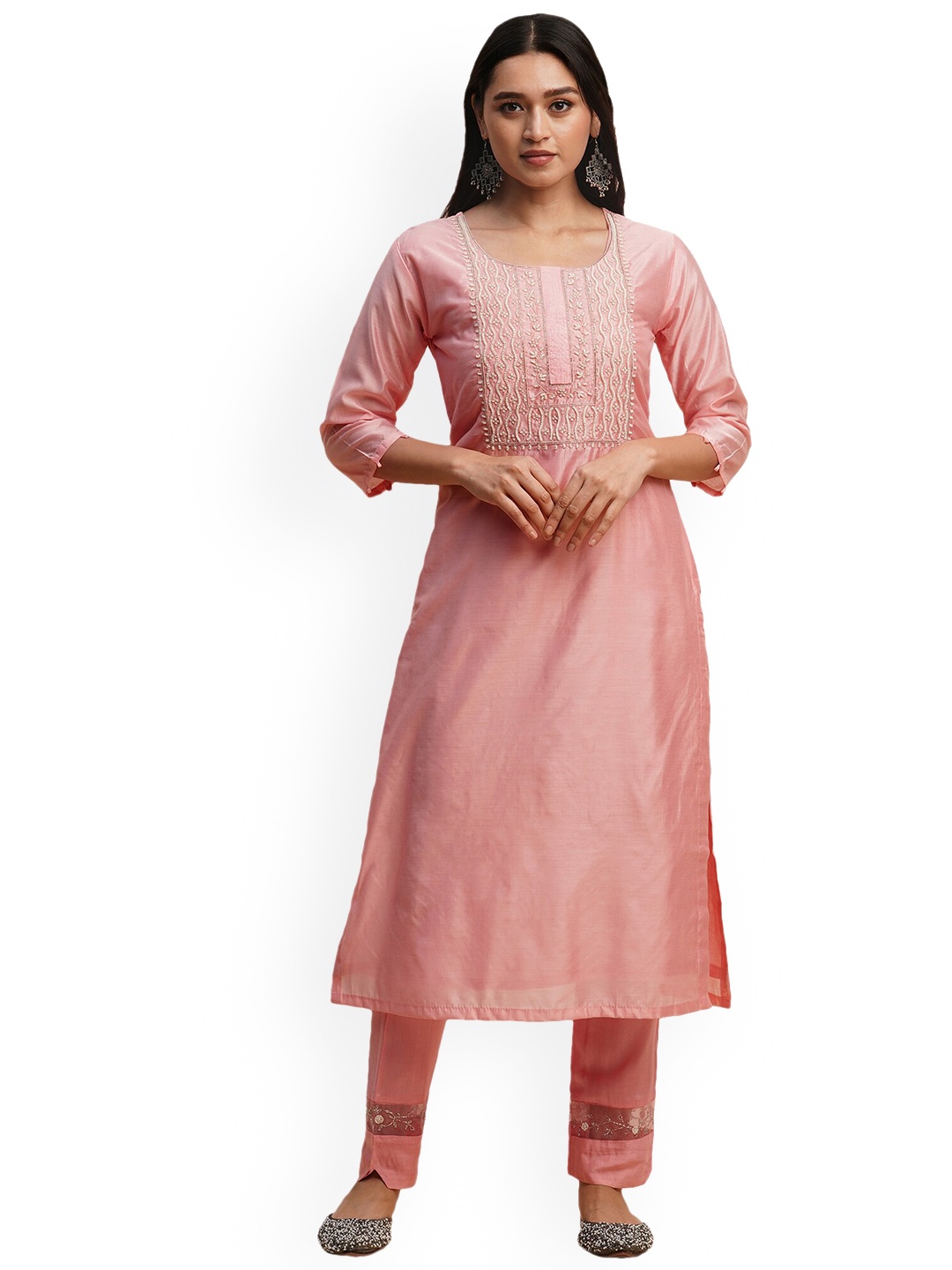 

Nimayaa Floral Yoke Design Regular Beads And Stones Kurta With Trousers & Dupatta, Pink