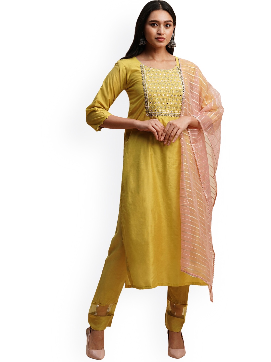 

Nimayaa Floral Yoke Design Regular Mirror Work Kurta with Trousers & With Dupatta, Mustard