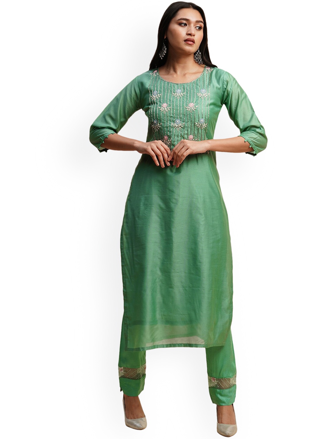 

Nimayaa Floral Yoke Design Beads and Stones Kurta with Trousers & With Dupatta, Green