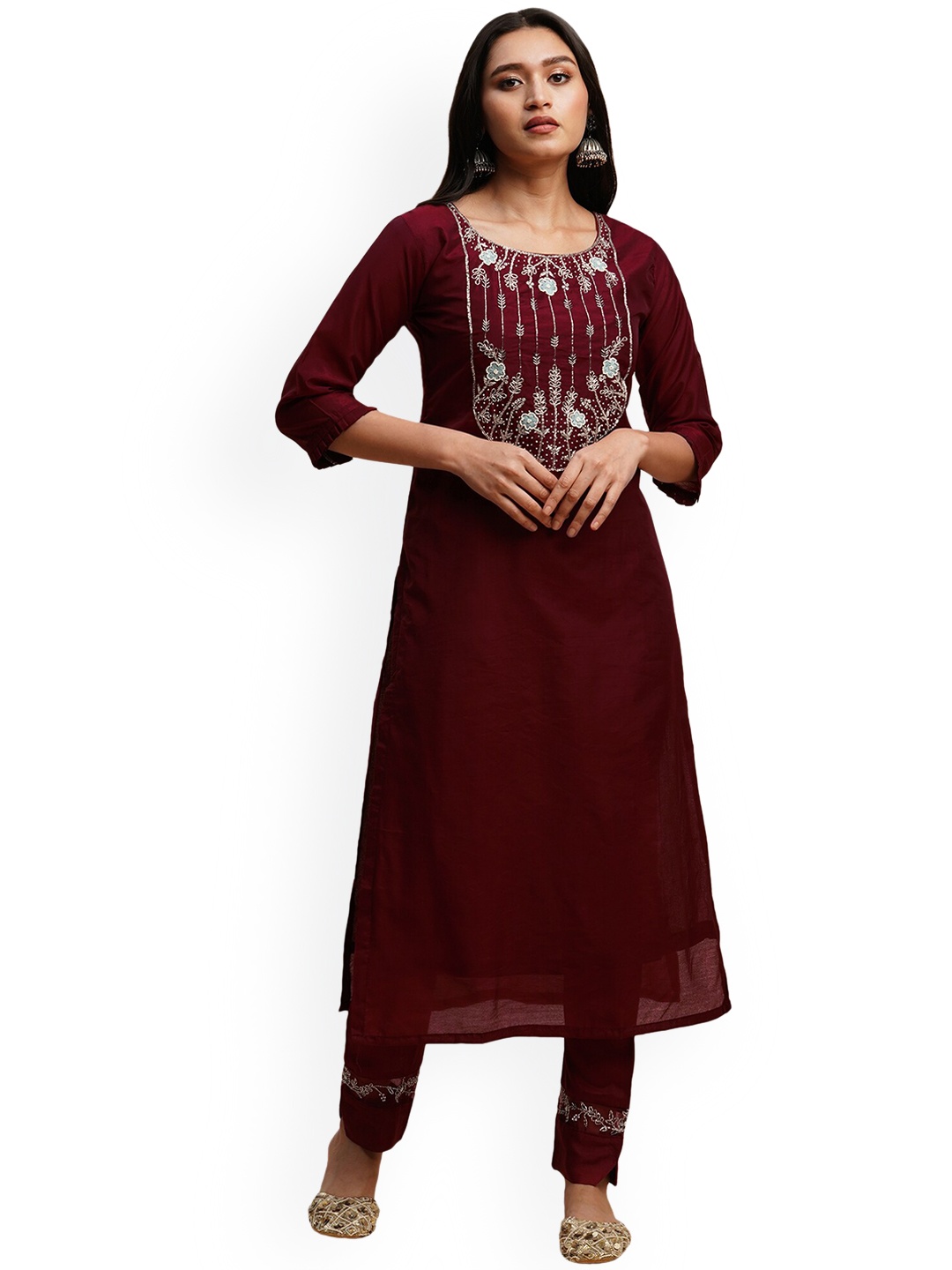 

Nimayaa Floral Embroidered Regular Beads and Stones Kurta with Trousers & With Dupatta, Maroon