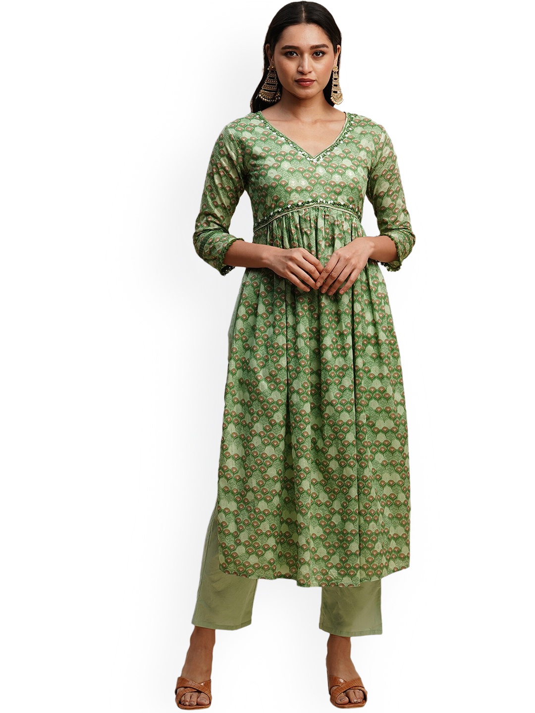 

Nimayaa Floral Printed Thread Work Pure Cotton Kurta with Trousers & With Dupatta, Green