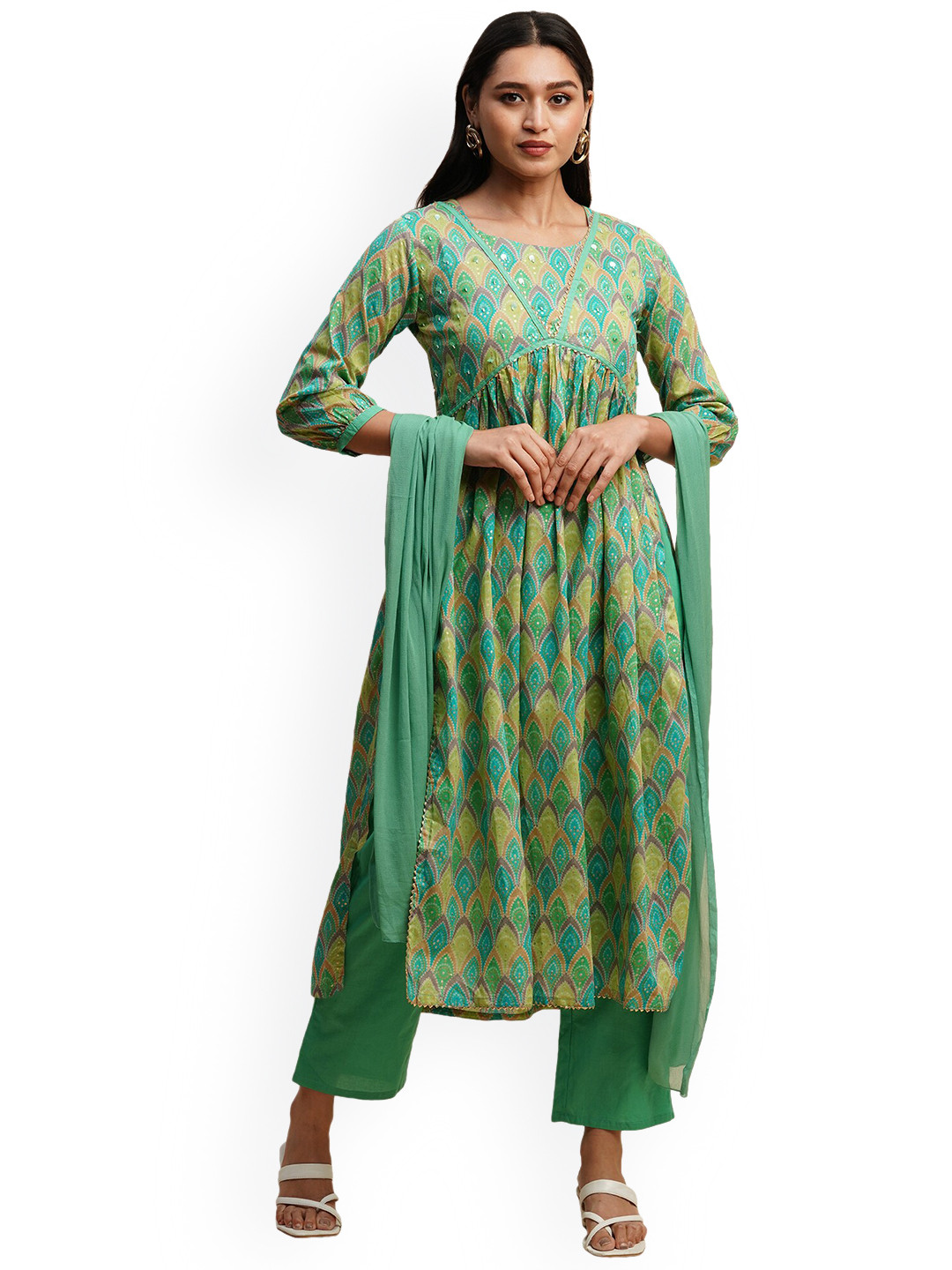 

Nimayaa Bandhani Printed Gotta Patti Pure Cotton Kurta with Trousers & With Dupatta, Sea green
