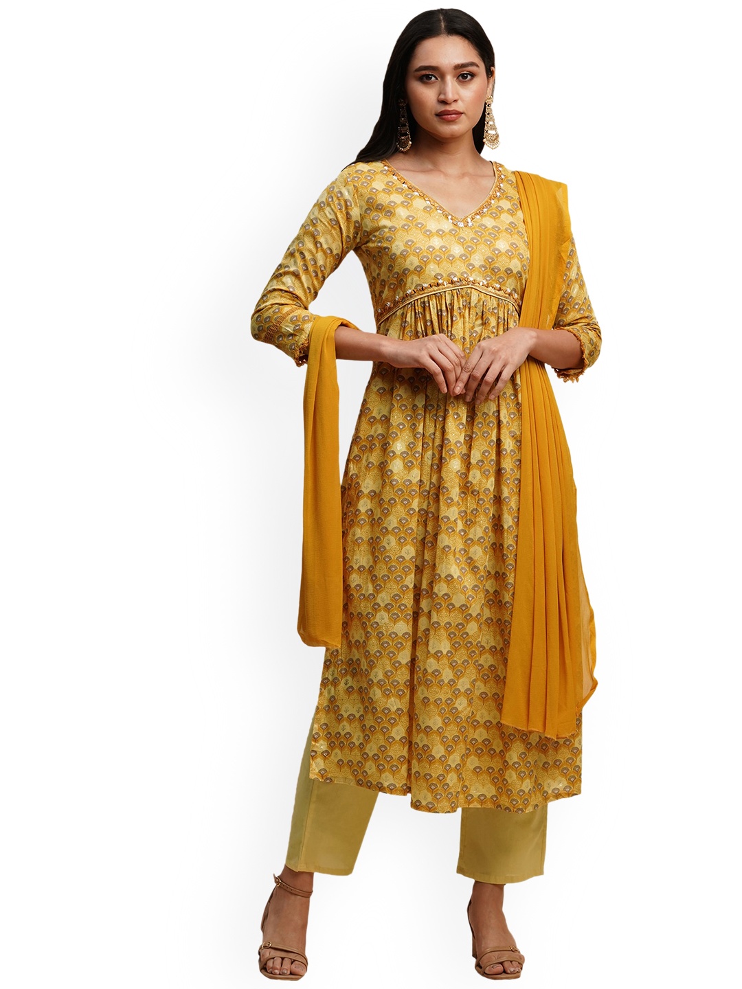 

Nimayaa Floral Printed Thread Work Pure Cotton Kurta with Trousers & With Dupatta, Mustard