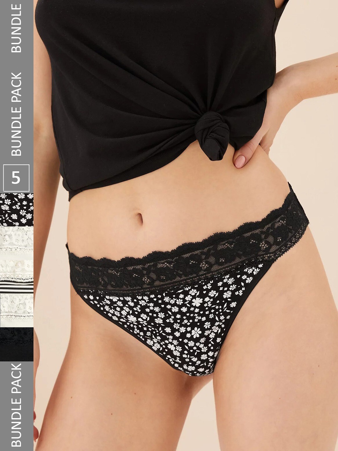 

Marks & Spencer Pack Of 5 Printed Lace Thongs, White