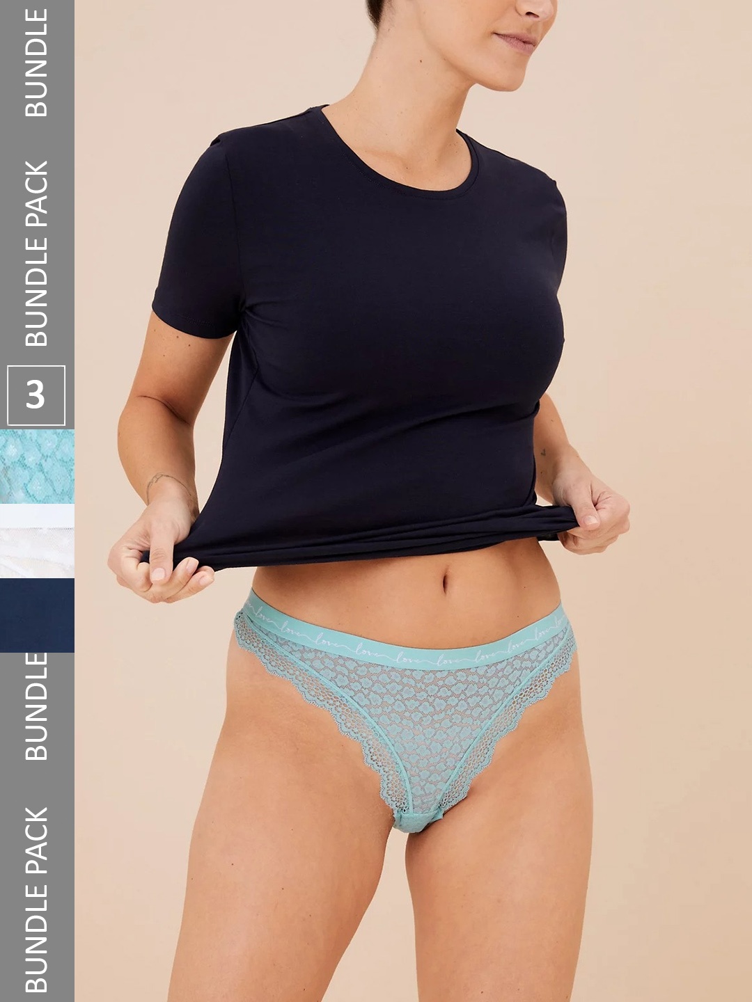 

Marks & Spencer Women Pack Of 3 Self-Design Lace Thongs, Blue