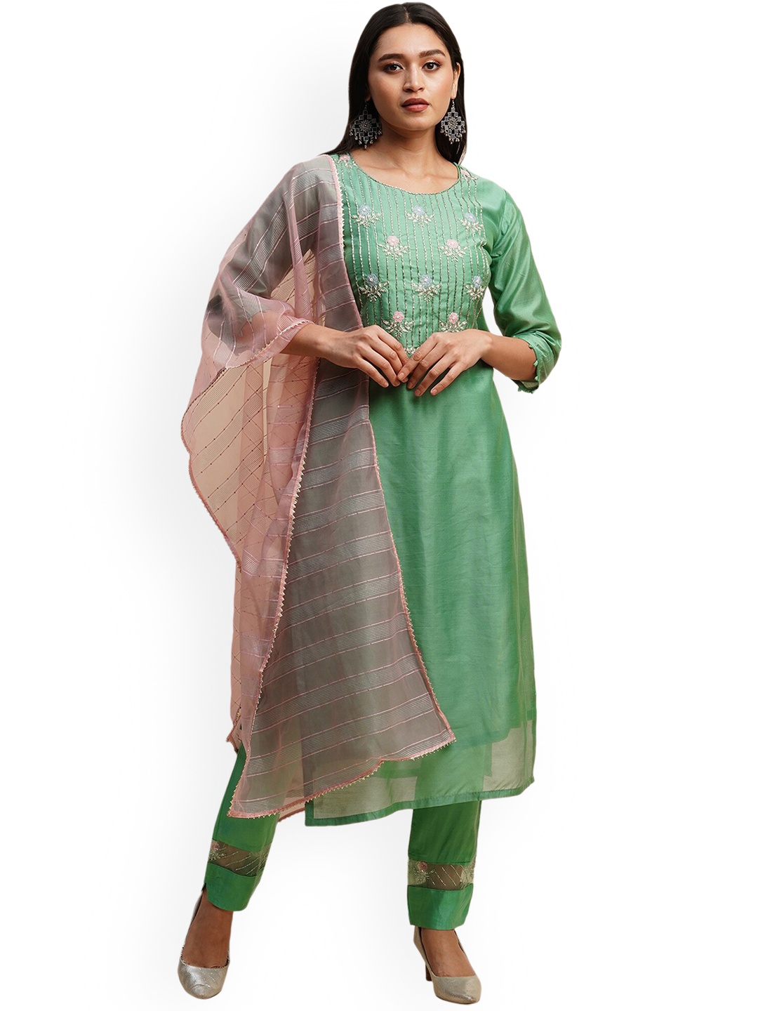 

KALINI Floral Printed Yoke Design Thread Work Kurta with Trousers & Dupatta, Green