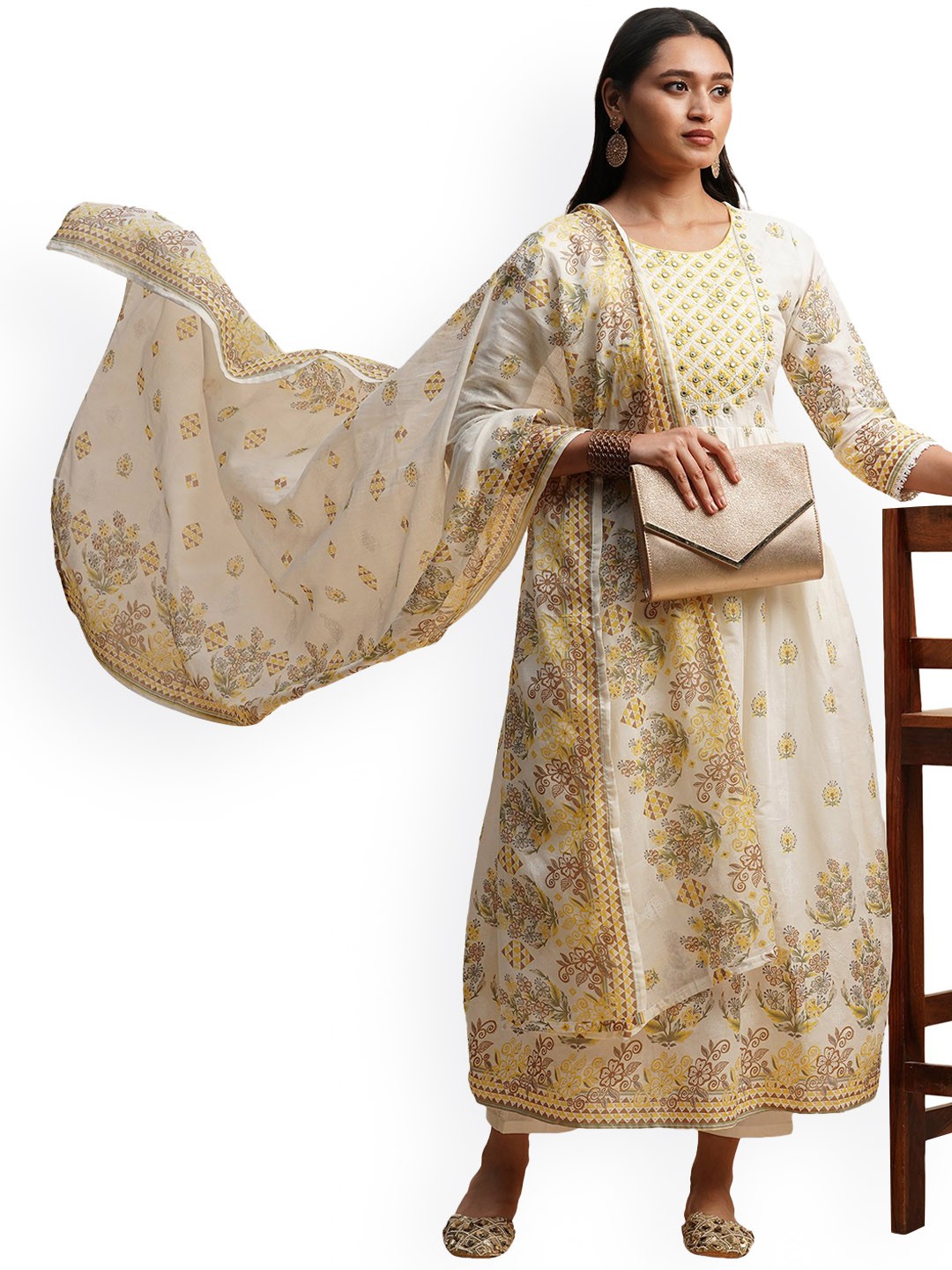 

KALINI Floral Printed Mirror Work Pure Cotton Kurta with Trousers & Dupatta, White
