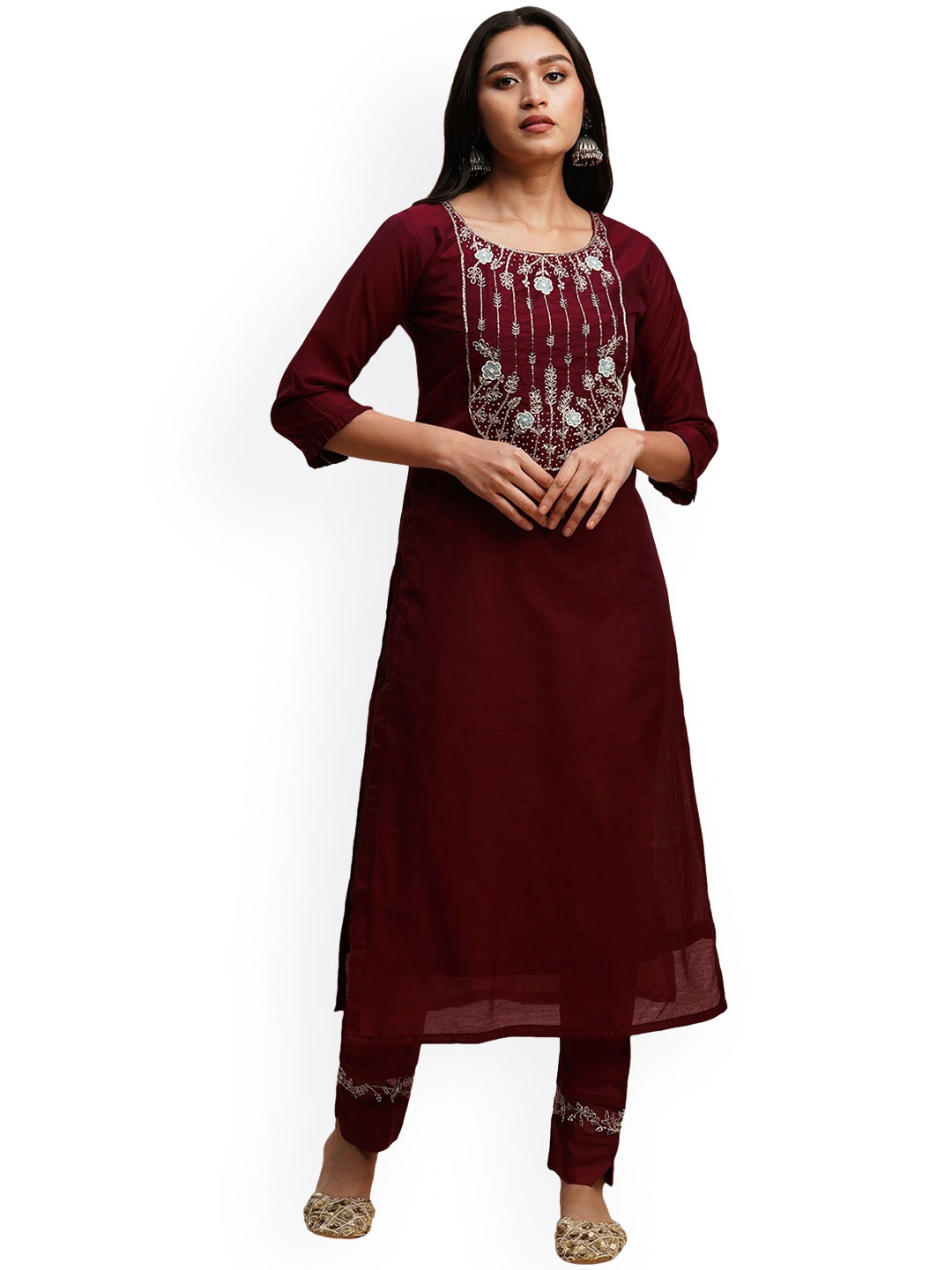 

KALINI Floral Yoke Design Beads and Stones Kurta with Trousers & Dupatta, Maroon