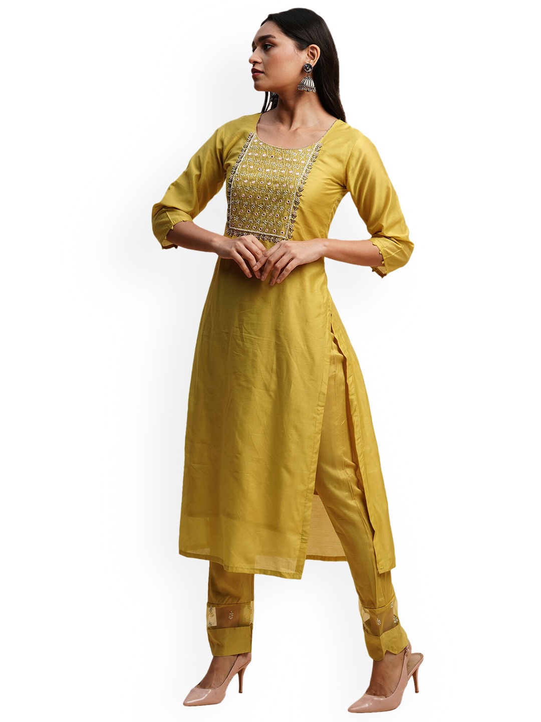 

KALINI Floral Embroidered Mirror Work Kurta with Trousers & Dupatta, Mustard