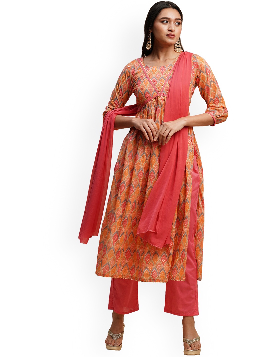 

KALINI Ethnic Motifs Gotta Patti Pure Cotton Kurta with Trousers & Dupatta, Orange