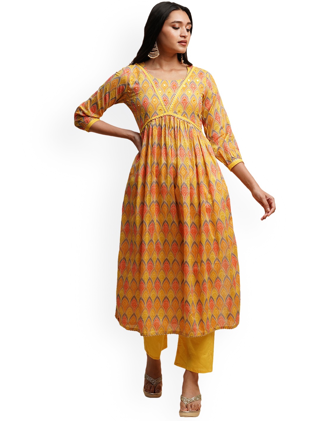 

KALINI Ethnic Motifs Gotta Patti Pure Cotton Kurta with Trousers & Dupatta, Yellow