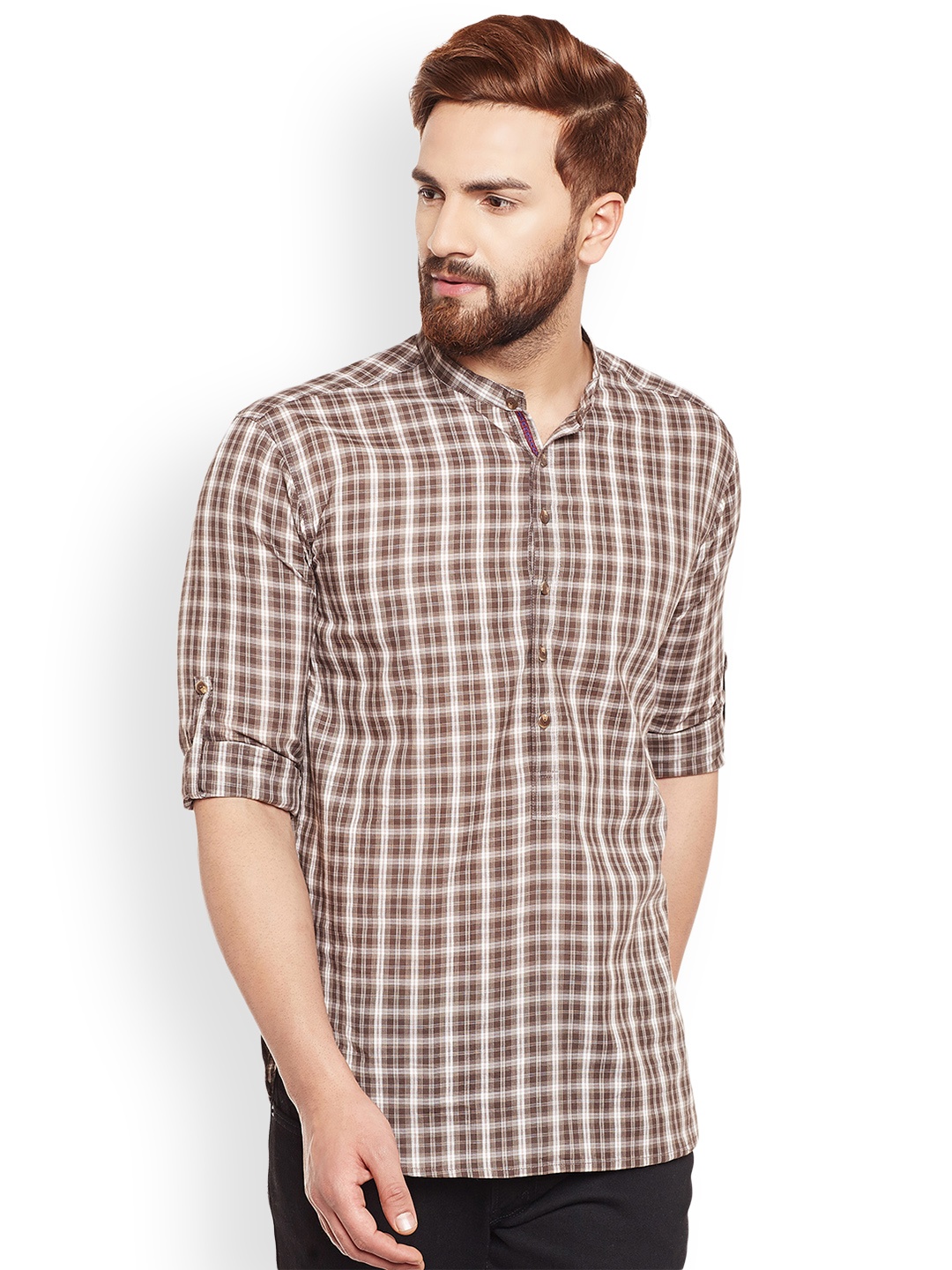 

even Men Brown Checked Straight Kurta