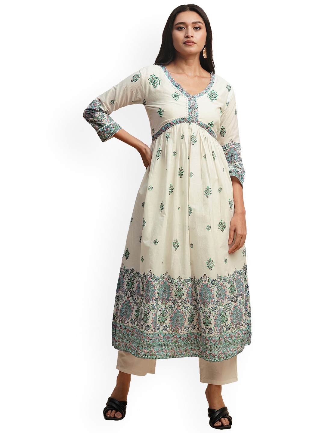 

KALINI Floral Printed Regular Pure Cotton Kurta with Trousers & Dupatta, White