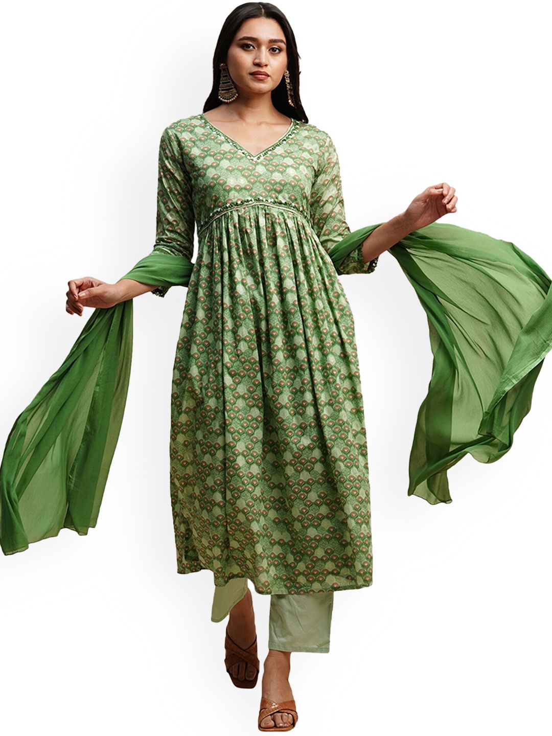 

KALINI Floral Printed Pure Cotton Kurta with Trousers & Dupatta, Green