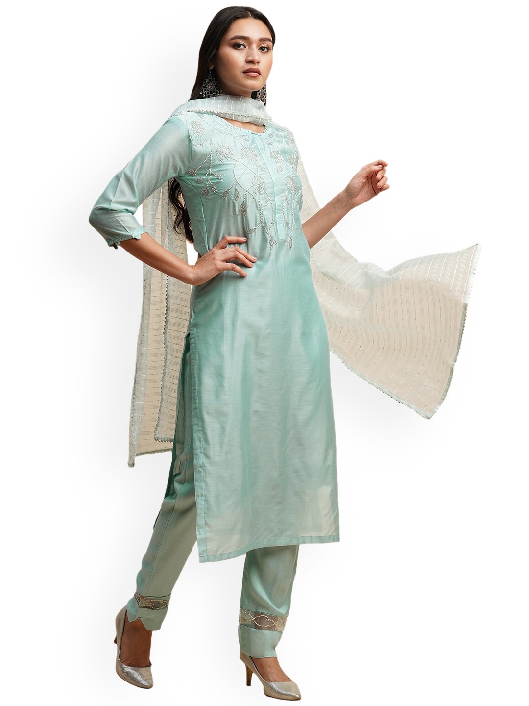 

KALINI Floral Embroidered Beads and Stones Kurta with Trousers & Dupatta, Blue