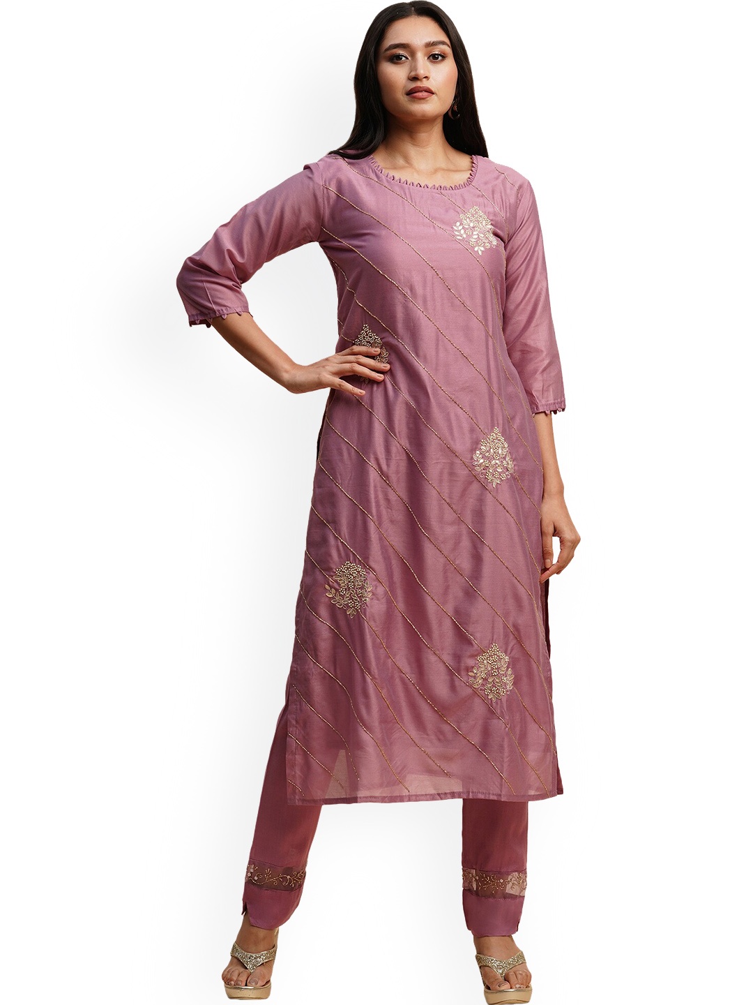

KALINI Floral Printed Embroidered Beads and Stones Kurta with Trousers & Dupatta, Lavender