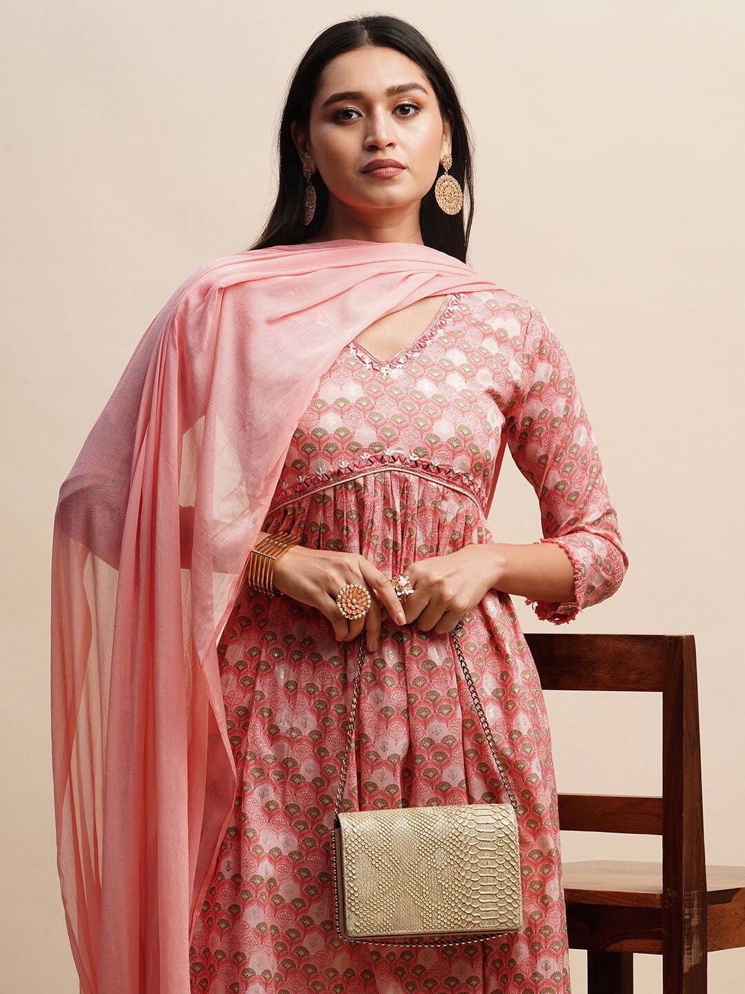 

Sangria Pink & Cream Printed Empire Pure Cotton A-Line Kurta With Trouser & Dupatta