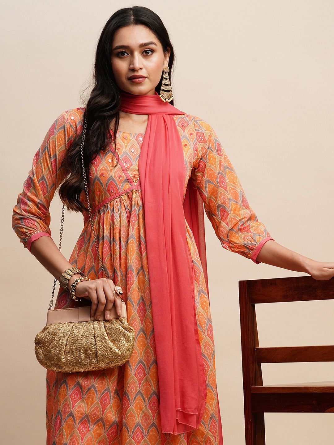 

Sangria Orange & Pink Printed Empire Pure Cotton A-Line Kurta With Trouser & Dupatta