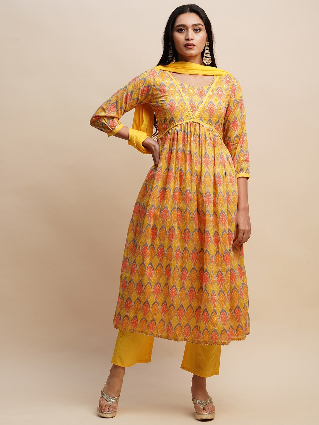 

Sangria Yellow & Orange Printed Empire Pure Cotton A-Line Kurta With Trouser & Dupatta