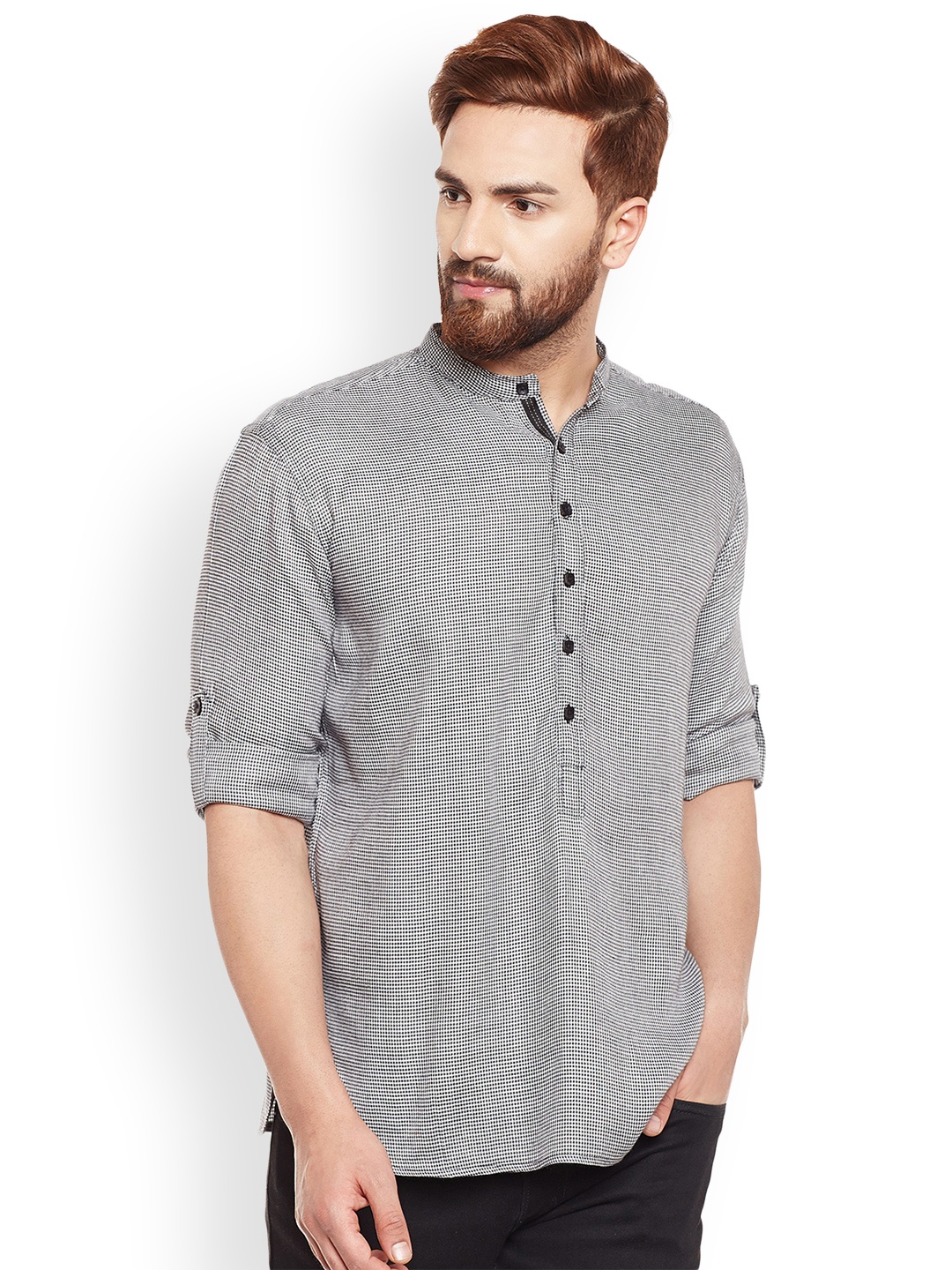 

even Men White & Black Printed Straight Kurta