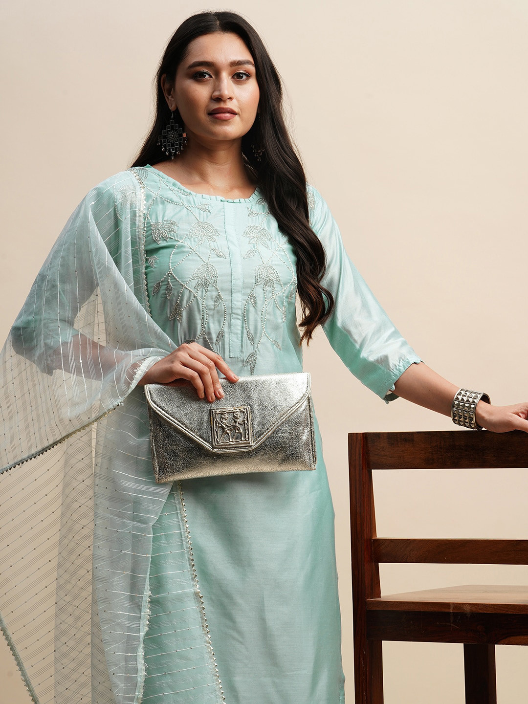 

Sangria Sky Blue Floral Embroidered Straight Kurta With Trouser & Dupatta