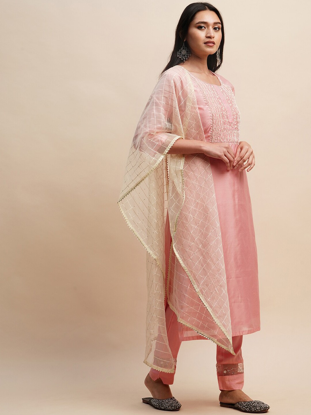 

Sangria Pink & Cream Embroidered Yoke Design Straight Kurta With Trouser & Dupatta
