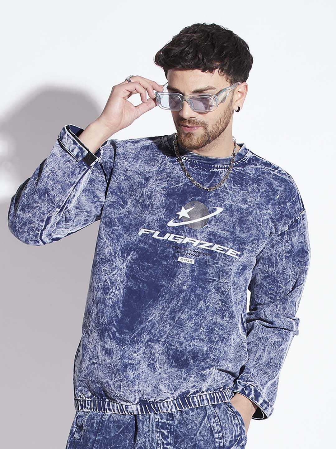 

FUGAZEE Blue Abstract Printed Cotton Pullover Sweatshirt