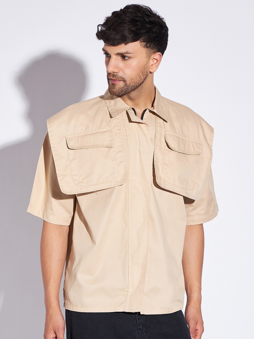 

FUGAZEE Beige Spread Collar Pure Cotton Boxy Casual Shirt