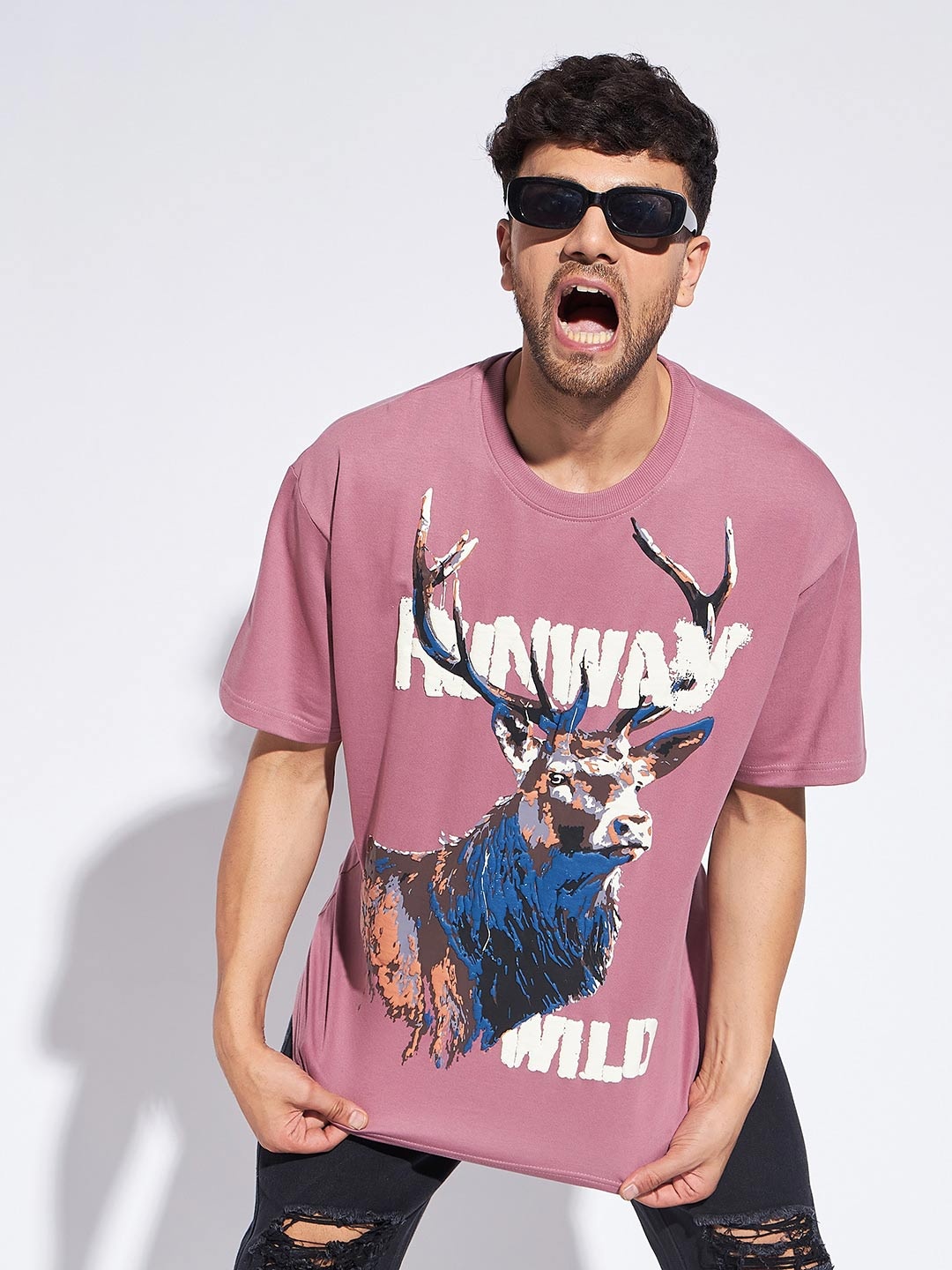 

FUGAZEE Dusty Pink Graphic Printed Oversized Pure Cotton T-Shirt