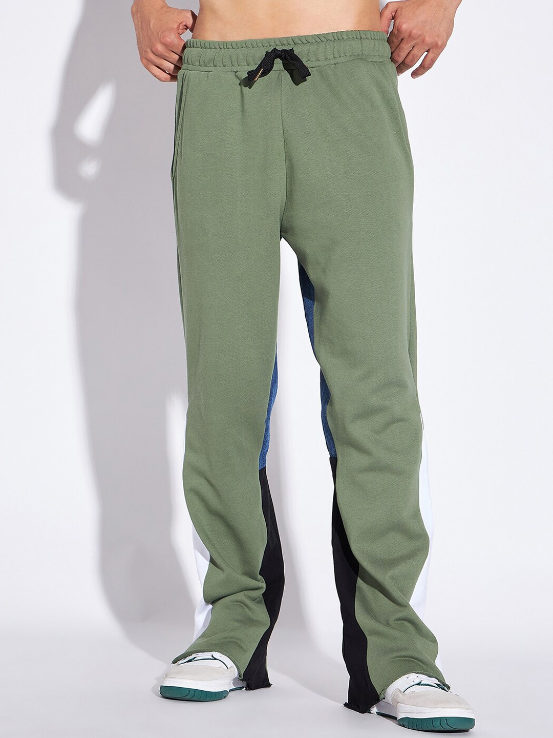 

FUGAZEE Men Mid-Rise Denim Panel Track Pants, Olive