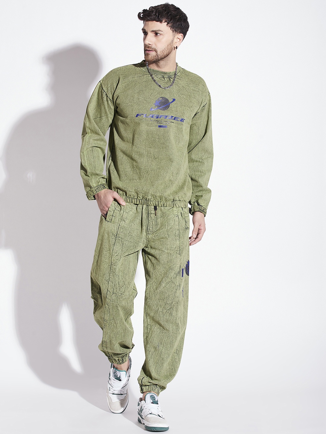 

FUGAZEE Green Acid Washed Pure Cotton Tracksuit