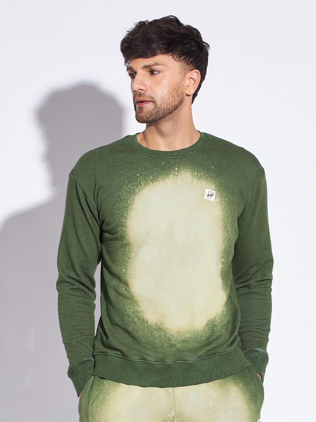 

FUGAZEE Olive Green Abstract Printed Cotton Oversized Pullover Sweatshirt