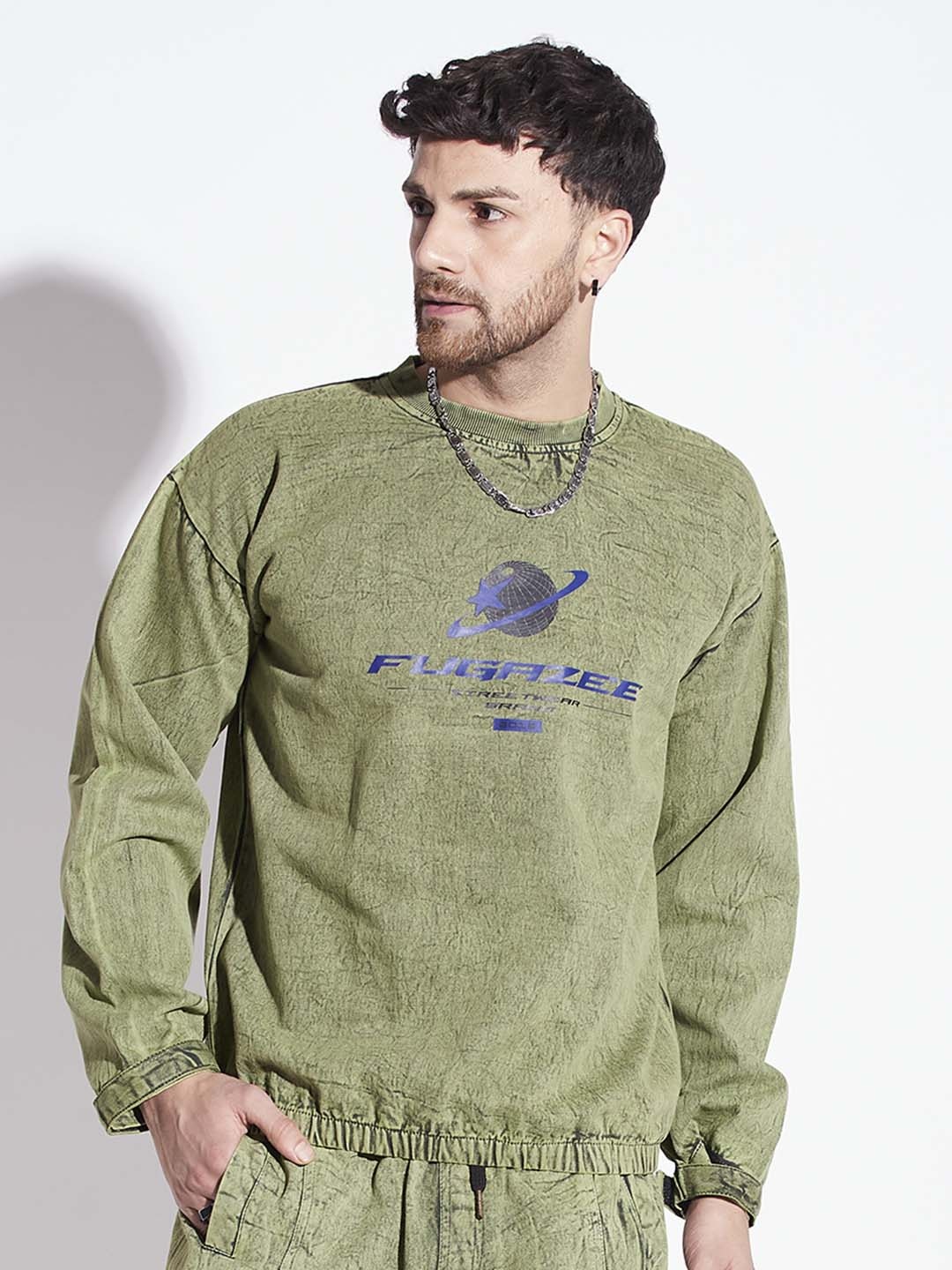 

FUGAZEE Typography Printed Acid Washed Cotton Sweatshirt, Green