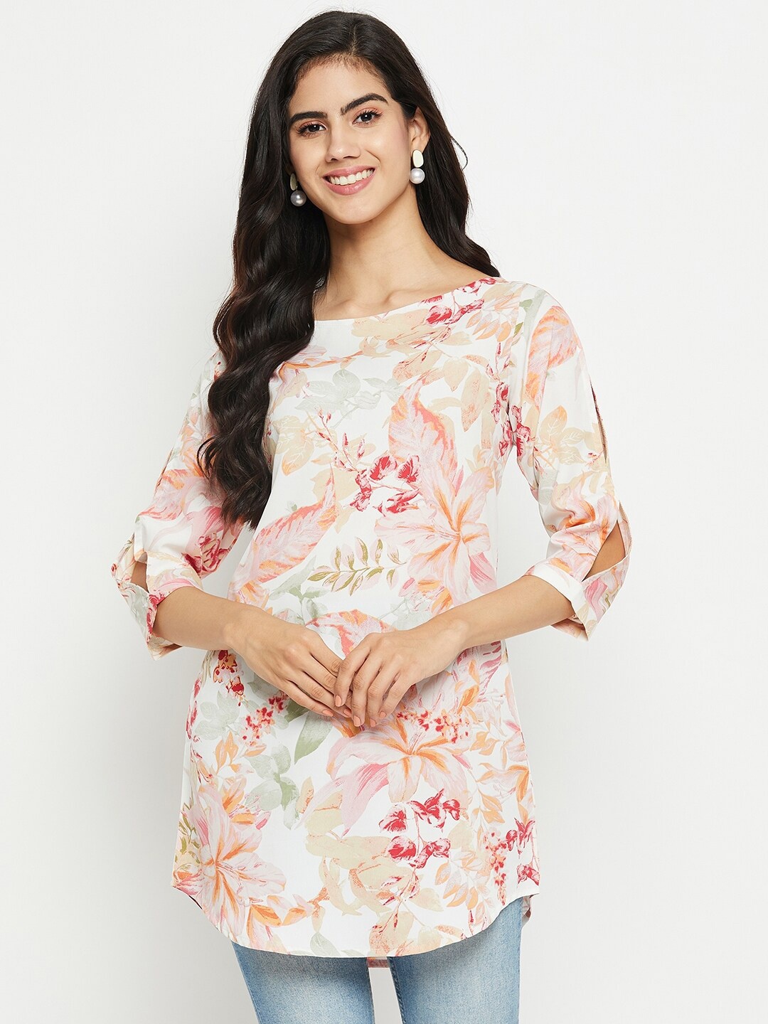 

Ruhaans Floral Printed Boat Neck Tunic, Pink