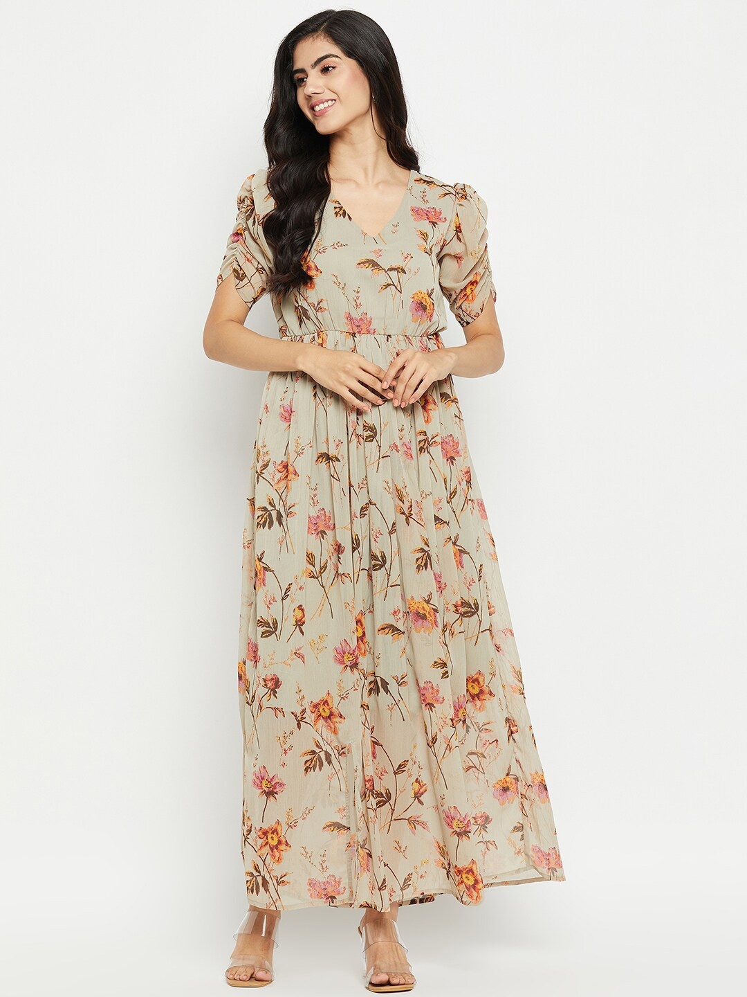 

Ruhaans Floral Print Flutter Sleeve Georgette Maxi Dress, Green